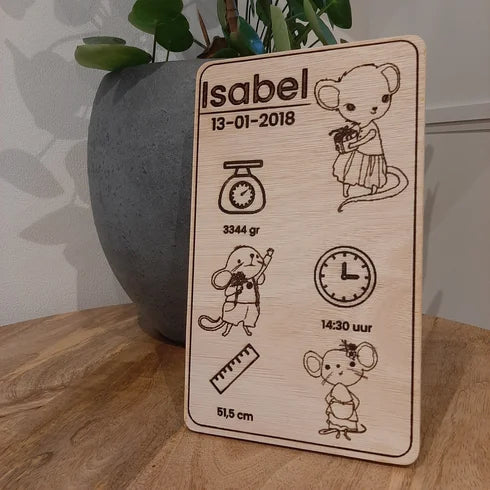 Muizenkindjes - Houten muizen geboortebord - gepersonaliseerd